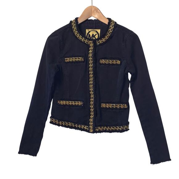 Michael Kors Jacket Womens 2 Black Denim Gold Chain Fringe Designer Short Blazer - Picture 3 of 9